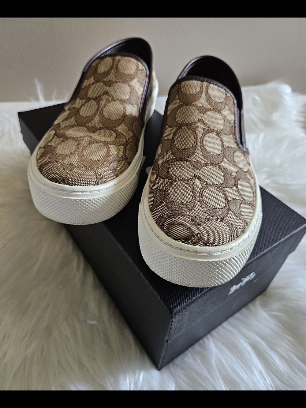 Coach Signature Canvas Slip-On Sneakers in Brown and White